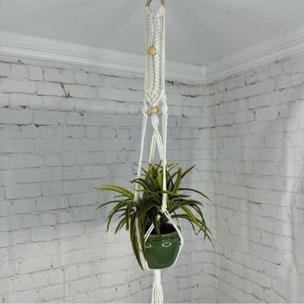 Lot of 4 Macrame Plant Hangers‎ Off White Cotton Boho Beaded Indoor Outdoor NEW